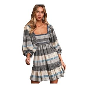 Free People All Lined Up Blue Striped Puff Sleeve Mini Dress.  Size L